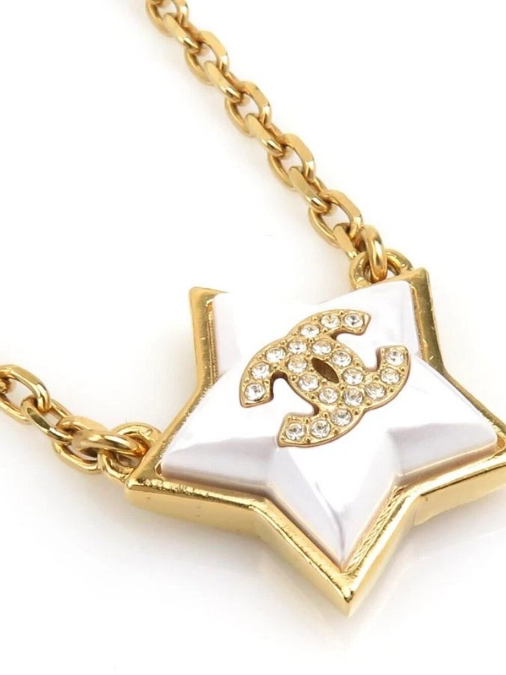 CHANEL CC Logo Star Motif Necklace Gold/White Metal -